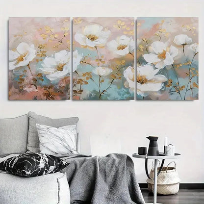 3pcs Elegant White Poppy Flower Golden Accents Metal Print Ready to Hang Art