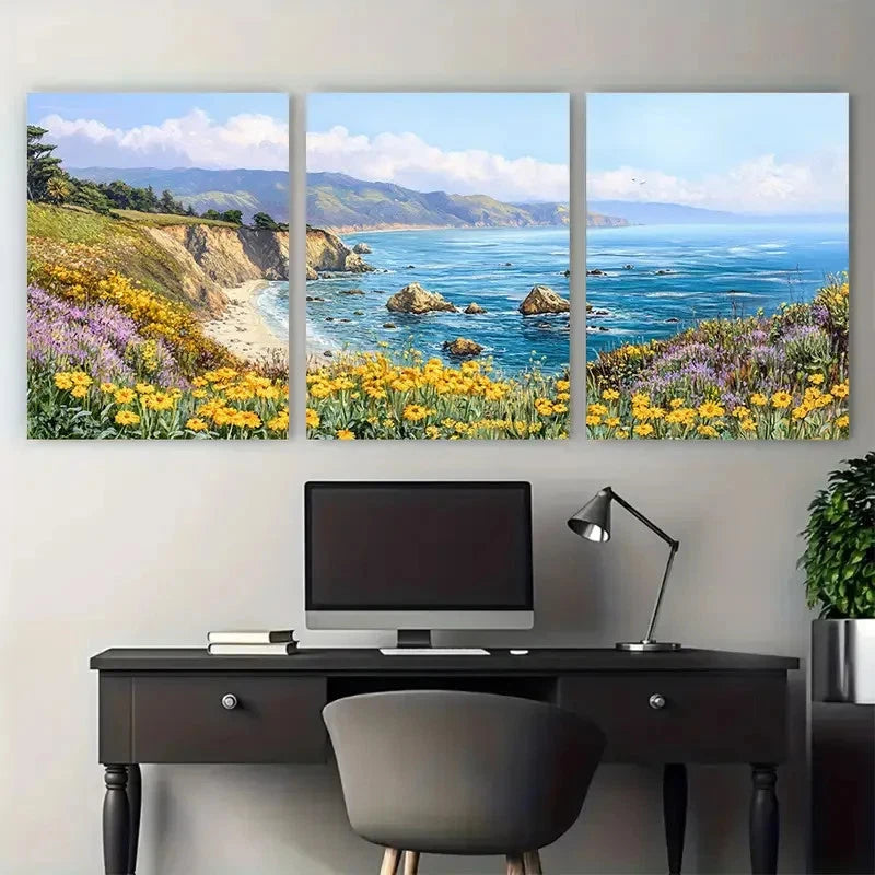 3pcs Big Sur Wildflowers Coastal Ocean Landscape Wall Art Set Canvas Framed 40x60cm - High Quality Print 100% Australian Made Wall Canvas Ready to Hang