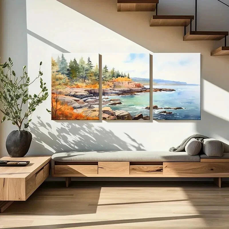 3pcs Watercolor Style Landscape Coastal Scenery Metal Print Ready to Hang Art