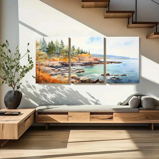 3pcs Watercolor Style Landscape Coastal Scenery Metal Print Ready to Hang Art