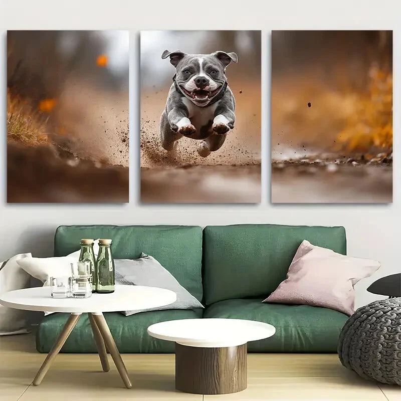 3pcs American Bulldog Running Design Metal Print Ready to Hang Art