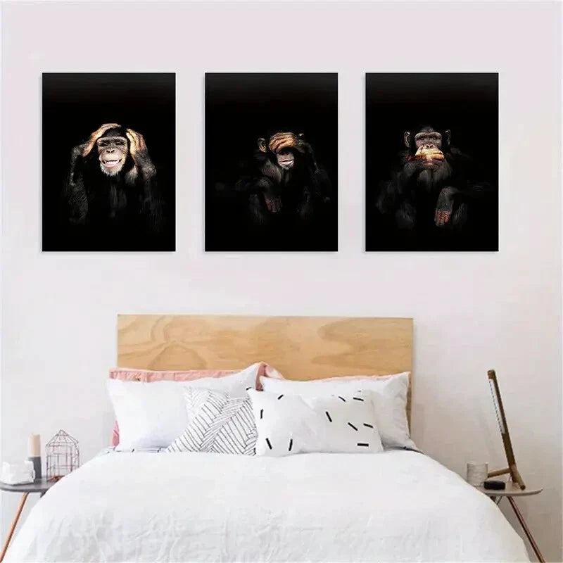 3pcs Dark Monkey Animal Themed Metal Print Ready to Hang Art