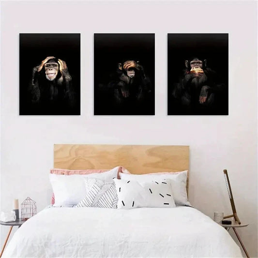 3pcs Dark Monkey Animal Themed Metal Print Ready to Hang Art