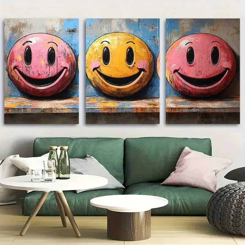 3pcs Retro Psychedelic Acid Smiley Face Metal Print Ready to Hang Art