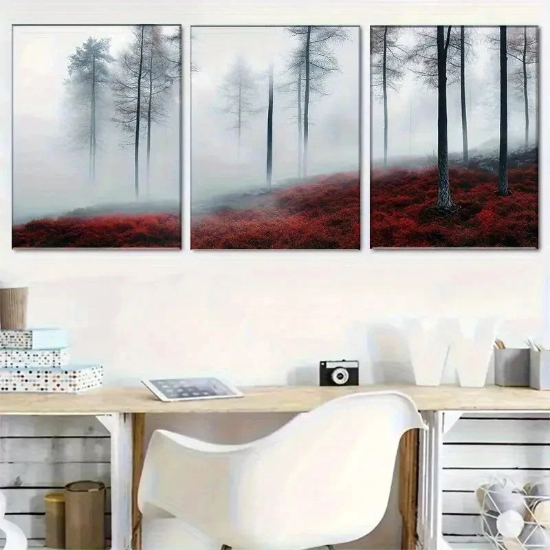 3pcs Red Autumn Leaves Fog Forest Landscape Metal Print Ready to Hang Art