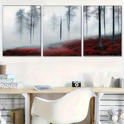 3pcs Red Autumn Leaves Fog Forest Landscape Metal Print Ready to Hang Art