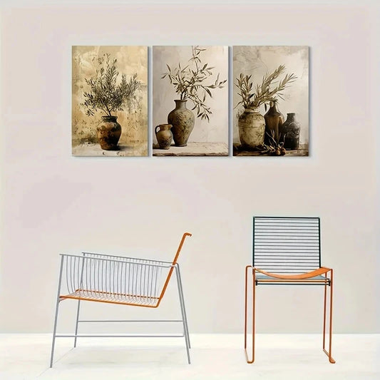 3pcs Vintage Still Life Rustic Vase Branches Metal Print Ready to Hang Art