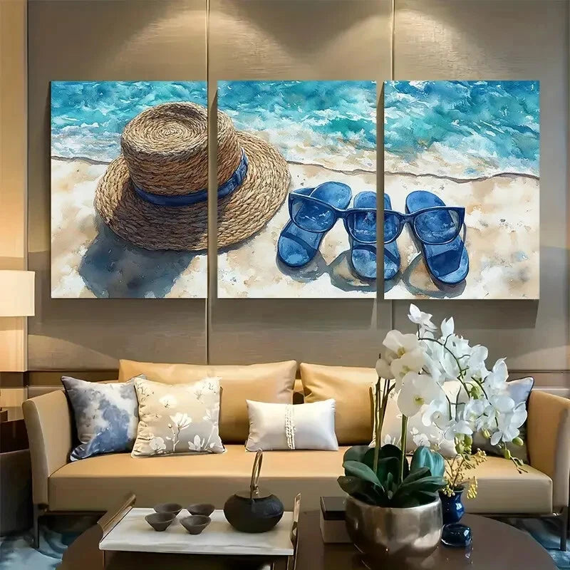 3pcs Navy Blue Glasses Beach Bag Flip Flops Metal Print Ready to Hang Art
