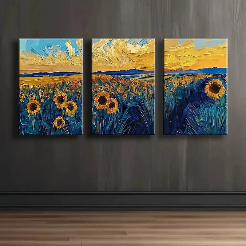 3pcs A Field Of Sunflowers At Sunset Painting Wall Art Set Canvas Framed 50x70cm - High Quality Print 100% Australian Made Wall Canvas Ready to Hang