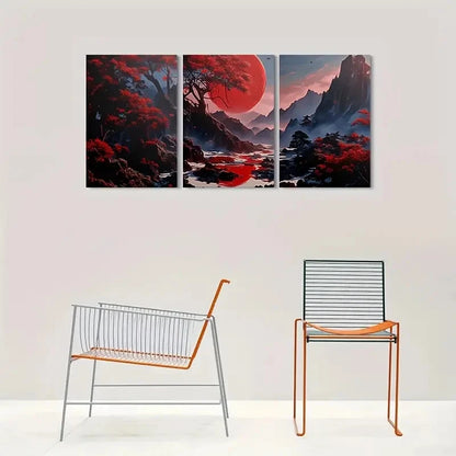 3pcs Fantasy Red Moon Mountain Scene Metal Print Ready to Hang Art