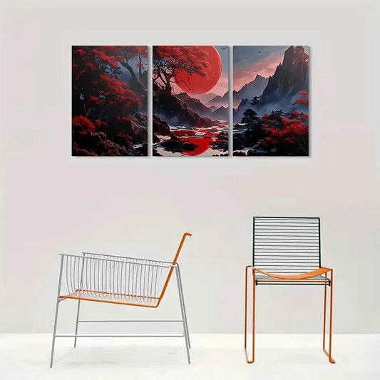 3pcs Fantasy Red Moon Mountain Scene Metal Print Ready to Hang Art