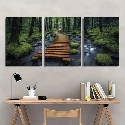 3pcs Boardwalk Stream Vibrant Green Foliage Wall Art Set Canvas Unframed - High Quality Print 100% Australian Made Wall Canvas