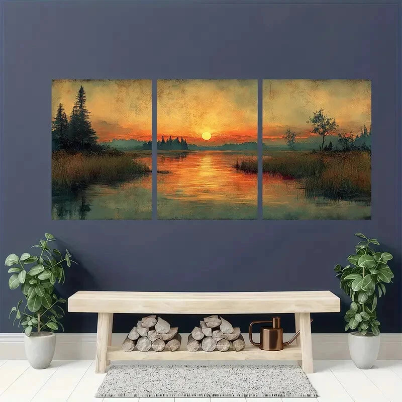 3pcs Antique Hill and Marshland Landscape Art Metal Print Ready to Hang Art