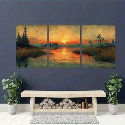 3pcs Antique Hill and Marshland Landscape Art Metal Print Ready to Hang Art