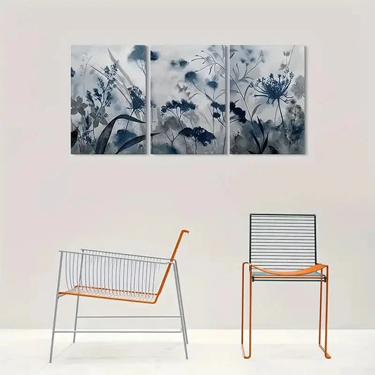 3pcs Abstract Flower Modern Blue and White Metal Print Ready to Hang Art