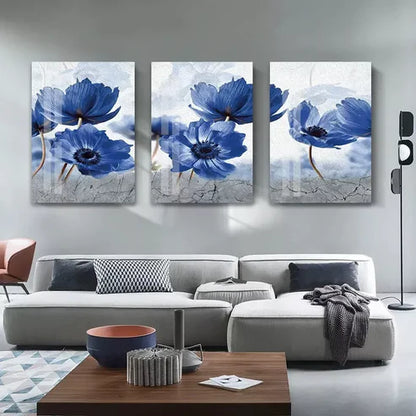 3pcs Blue Flowers Posters Abstract Flower Canvas Framed 60x90 cm - High Quality Print 100% Australian Made Wall Canvas Ready to Hang