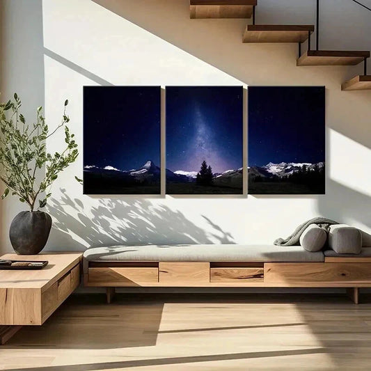 3pcs Snowy Mountain Landscape with Milky Way Wall Art Set Canvas Framed 40x60cm - High Quality Print 100% Australian Made Wall Canvas Ready to Hang