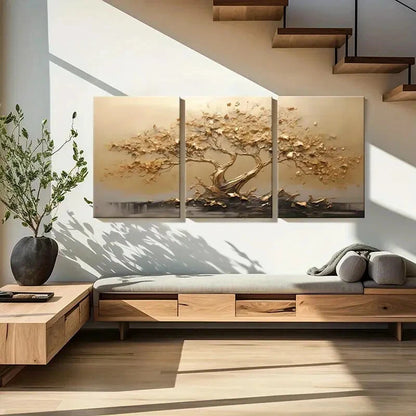 3pcs Golden Tree Abstract Art Nature Scene Metal Print Ready to Hang Art