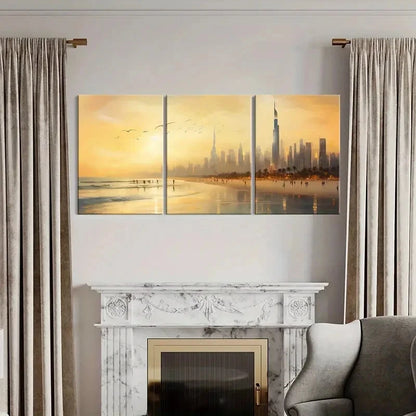 3pcs Futuristic Skyline Palm Trees & Seagulls Metal Print Ready to Hang Art