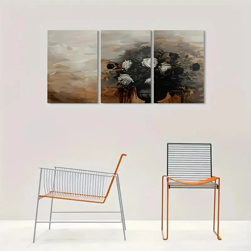 3pcs Black and White Rose Bouquet Painting Metal Print Ready to Hang Art