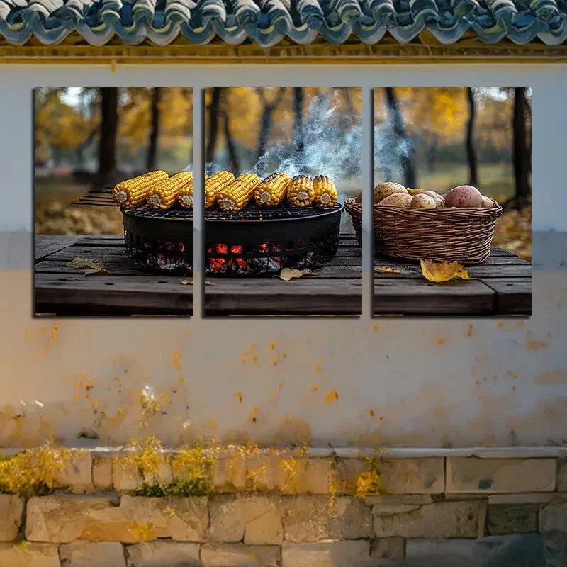 3pcs Outdoor Barbecue with Corn and Potato Metal Print Ready to Hang Art