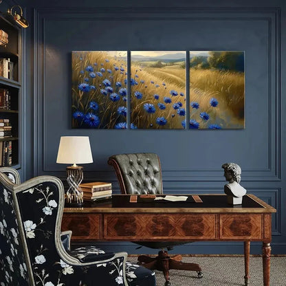 3pcs Blue Cornflower & Golden Wheat Field Metal Print Ready to Hang Art