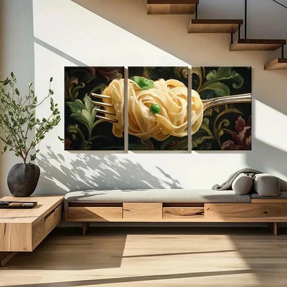 3pcs Fork Twirling Pasta with Peas Artistic Floral Metal Print Ready to Hang Art