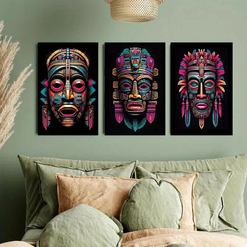 3pcs Vibrant Aztec-Inspired Colorful Tribal Mask Metal Print Ready to Hang Art