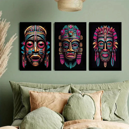 3pcs Vibrant Aztec-Inspired Colorful Tribal Mask Metal Print Ready to Hang Art