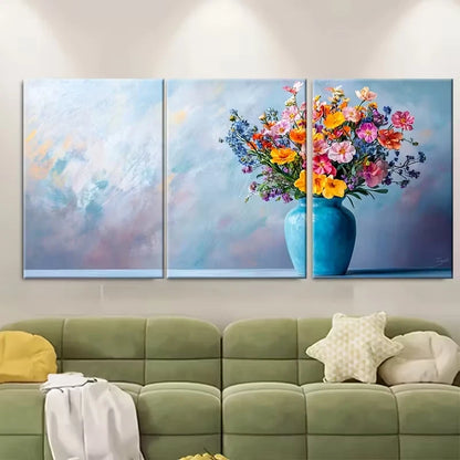 3pcs Flowers in a Blue Vase Minimalist Floral Metal Print Ready to Hang Art