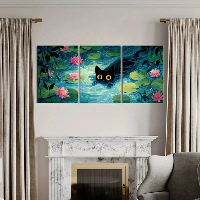 3pcs Black Cat for Lotus Pond Night Scene Metal Print Ready to Hang Art