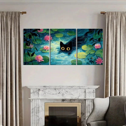 3pcs Black Cat for Lotus Pond Night Scene Metal Print Ready to Hang Art