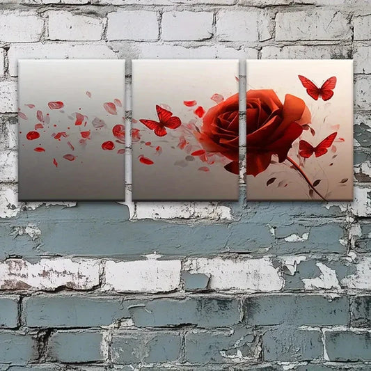 3pcs Charming Red Rose Butterflies Metal Print Ready to Hang Art