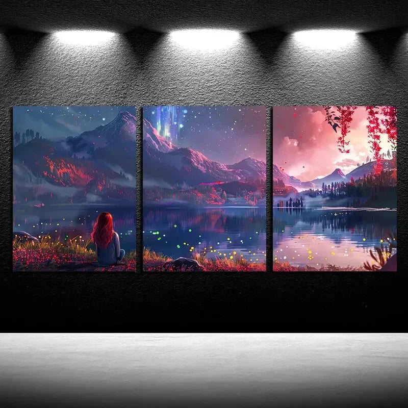 3pcs Aurora Borealis & Scenic Lake Design Metal Print Ready to Hang Art