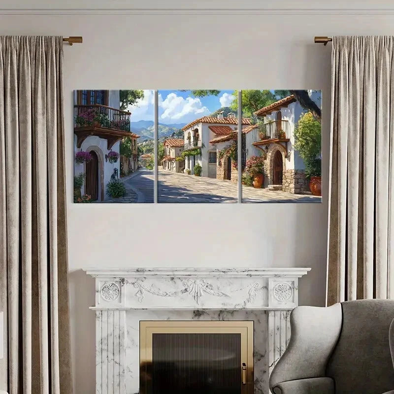 3pcs Mediterranean Village Mountains Gardens Metal Print Ready to Hang Art