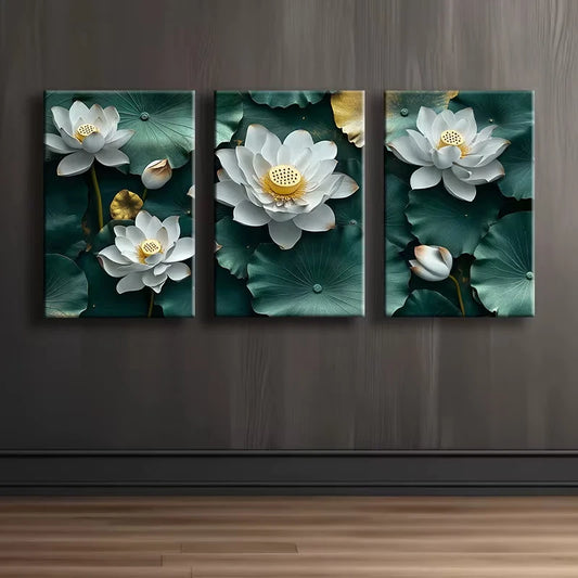 3pcs White Lotus leaves Wall Art Set Canvas Framed 60x90cm - High Quality Print 100% Australian Made Wall Canvas Ready to Hang