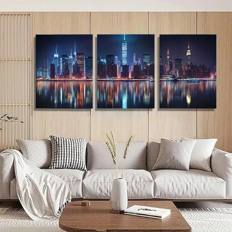 3pcs Illuminated Skyscrapers & Water Reflection Metal Print Ready to Hang Art