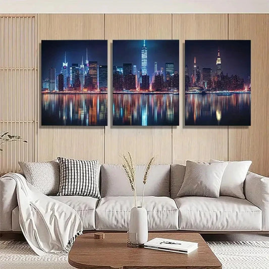 3pcs Illuminated Skyscrapers & Water Reflection Metal Print Ready to Hang Art