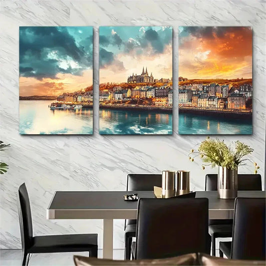 3pcs Scenic Landscape with Castle & Harbour Metal Print Ready to Hang Art