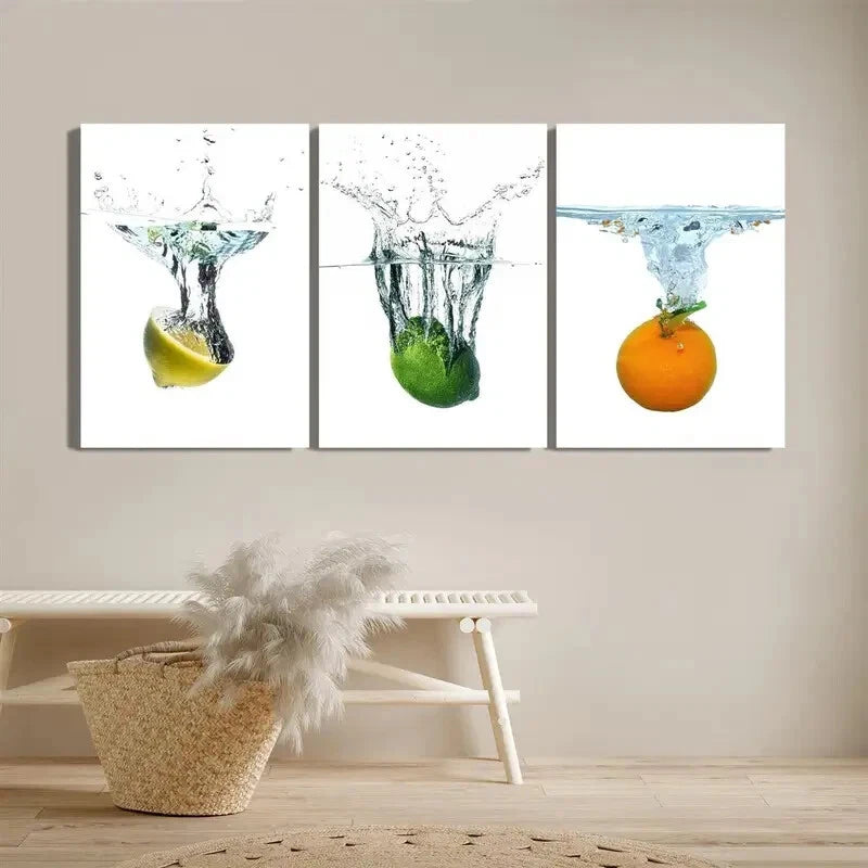 3pcs Vibrant Fruit Splash Colorful Water Droplets Metal Print Ready to Hang Art