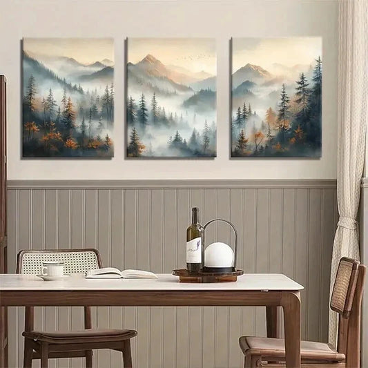 3pcs Misty Mountain Forest Tranquil Perfect Wall Art Set Canvas Framed 40x60cm - High Quality Print 100% Australian Made Wall Canvas Ready to Hang