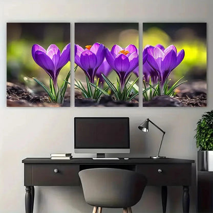 3pcs Vibrant Blooming Purple Crocus Illustration Metal Print Ready to Hang Art