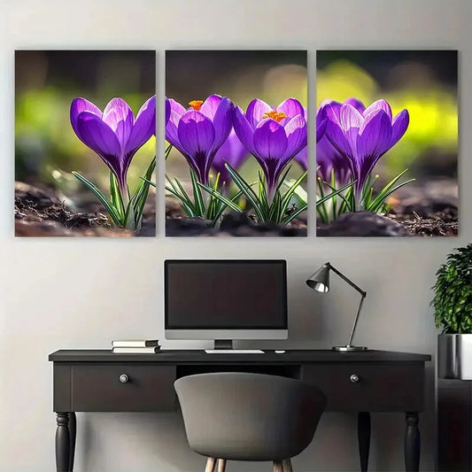 3pcs Vibrant Blooming Purple Crocus Illustration Metal Print Ready to Hang Art