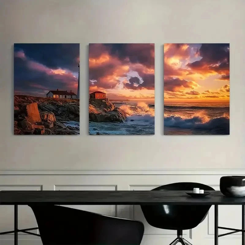 3pcs Lighthouse on Rocky Shore at Night Metal Print Ready to Hang Art