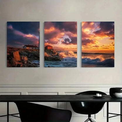 3pcs Lighthouse on Rocky Shore at Night Metal Print Ready to Hang Art