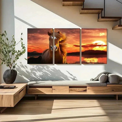 3pcs Vintage Hairy Horse at Sunset Wall Art Set Canvas Framed 40x60cm - High Quality Print 100% Australian Made Wall Canvas Ready to Hang