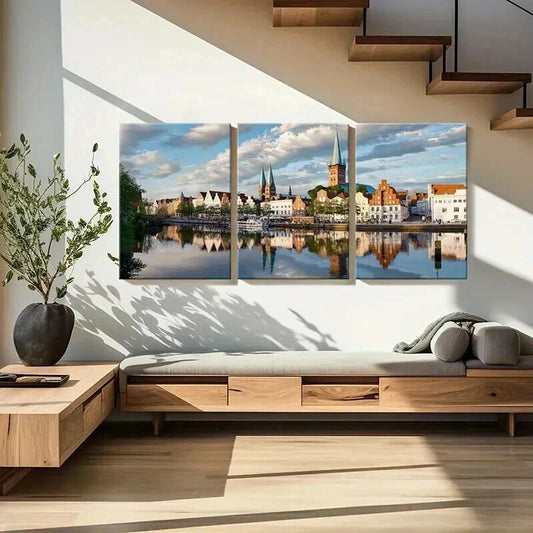 3pcs European Town Landscape with River Wall Art Set Canvas Framed 40x60cm - High Quality Print 100% Australian Made Wall Canvas Ready to Hang