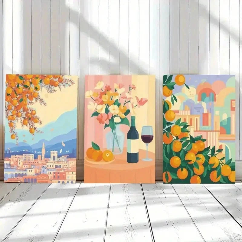 3pcs Oranges Wine Bottle Cityscape Glass Flowers Metal Print Ready to Hang Art