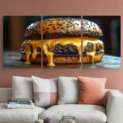 3pcs Black Burger Melting Cheese Food Metal Print Ready to Hang Art