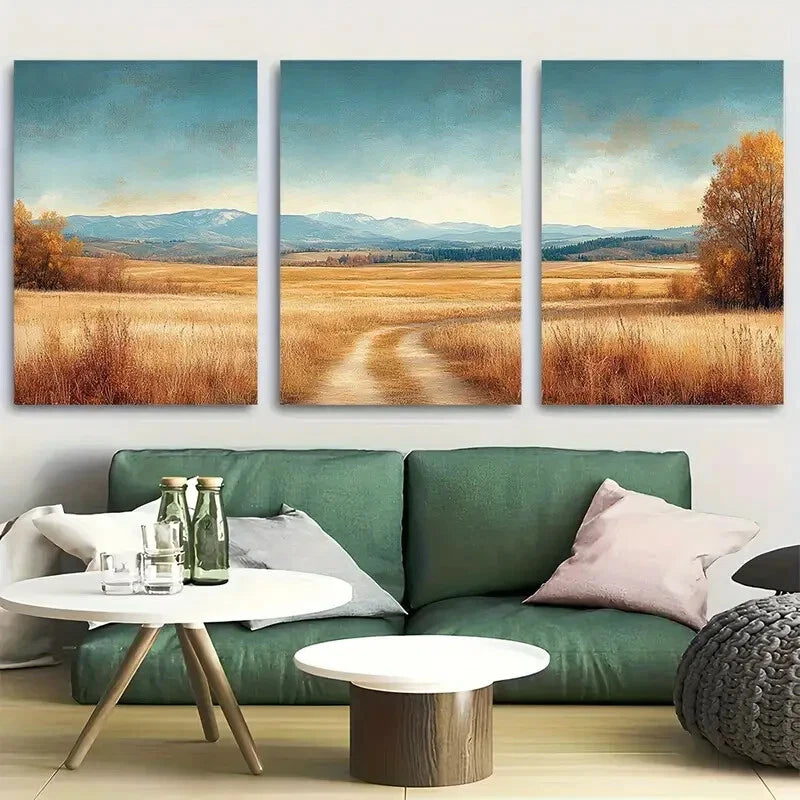 3pcs Serene Countryside in Soft Blue & Golden Tone Metal Print Ready to Hang Art